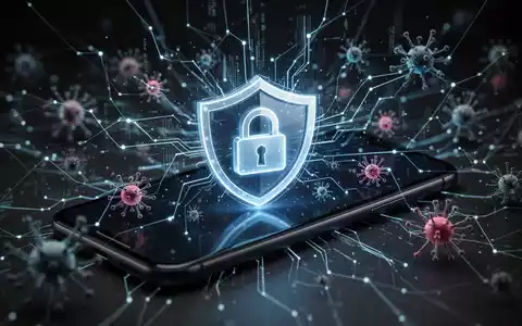 Ein Smartphone-Bildschirm zeigt ein Schutzschild- und Schloss-Symbol, umgeben von digitalen Datenströmen und Malware-Symbolen. - Foto: über boerse-global.de