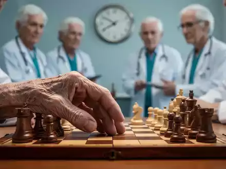 Eine ältere Hand auf einem Schachbrett, im Hintergrund verschwommene medizinische Fachkräfte. Symbolisiert ADHS im Alter und Pflegeherausforderungen. - Foto: über boerse-global.de
