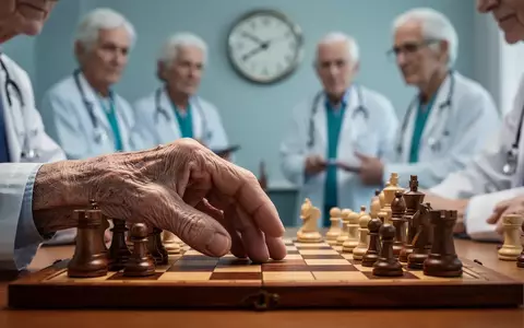 Eine ältere Hand auf einem Schachbrett, im Hintergrund verschwommene medizinische Fachkräfte. Symbolisiert ADHS im Alter und Pflegeherausforderungen. - Foto: über boerse-global.de