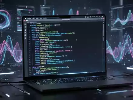 Leuchtendes macOS-Terminal mit KI-Code, abstrakte Datenvisualisierungen im Hintergrund. - Foto: über boerse-global.de