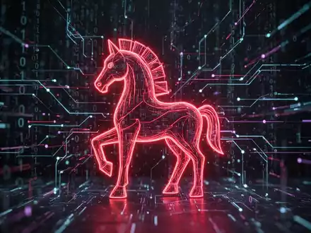 Abstrakte Darstellung eines digitalen Trojanischen Pferdes in rotem Glühen, umgeben von komplexem Daten- und Code-Netzwerk, das Cyberbedrohungen veranschaulicht. - Foto: über boerse-global.de