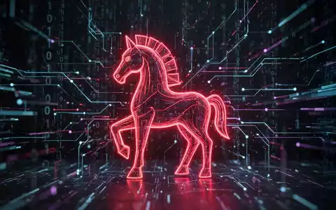 Abstrakte Darstellung eines digitalen Trojanischen Pferdes in rotem Glühen, umgeben von komplexem Daten- und Code-Netzwerk, das Cyberbedrohungen veranschaulicht. - Foto: über boerse-global.de