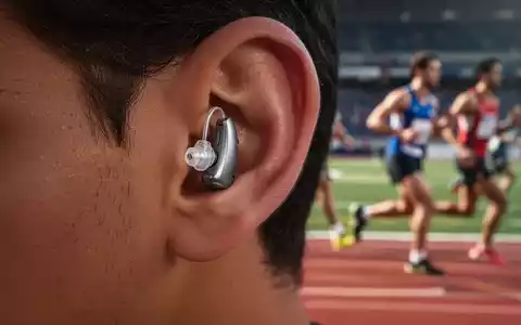 Nahaufnahme eines modernen Hörgeräts im Ohr, mit unscharfem Hintergrund von Sportlern in Bewegung auf einem Feld. - Foto: über boerse-global.de