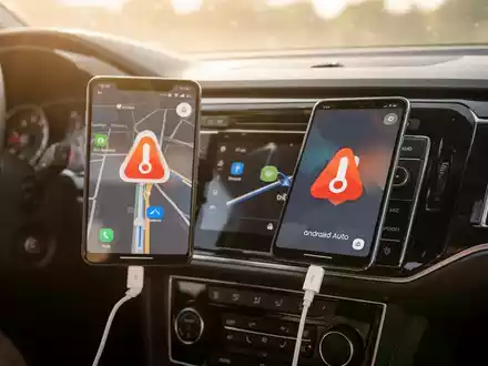 Ein Smartphone mit Android Auto in einem Auto, das überhitzt ist, mit einem Warnsymbol auf dem Bildschirm. Es ist über ein Kabel verbunden. - Foto: über boerse-global.de