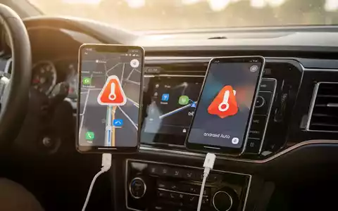 Ein Smartphone mit Android Auto in einem Auto, das überhitzt ist, mit einem Warnsymbol auf dem Bildschirm. Es ist über ein Kabel verbunden. - Foto: über boerse-global.de