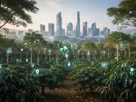 Eine vietnamesische Landschaft mit einer Plantage, überlagert mit digitalen Datenpunkten, im Hintergrund eine moderne Skyline. - Foto: über boerse-global.de