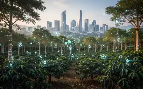 Eine vietnamesische Landschaft mit einer Plantage, überlagert mit digitalen Datenpunkten, im Hintergrund eine moderne Skyline. - Foto: über boerse-global.de