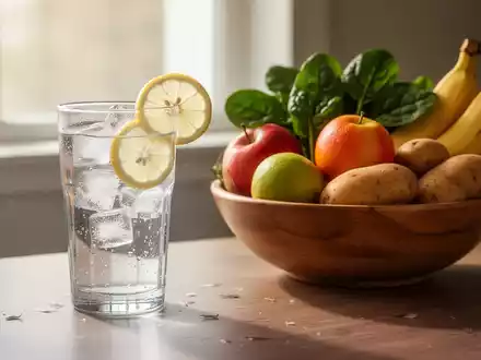 Ein Glas Wasser mit Zitrone neben einer Schale mit frischem Obst und Gemüse, darunter Bananen und Spinat, auf einem Tisch. - Foto: über boerse-global.de