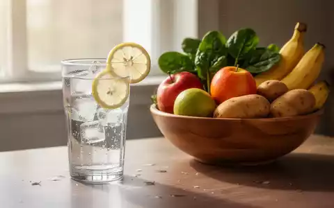 Ein Glas Wasser mit Zitrone neben einer Schale mit frischem Obst und Gemüse, darunter Bananen und Spinat, auf einem Tisch. - Foto: über boerse-global.de