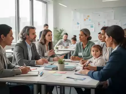 Erwachsene Pädagogen und Erzieher nehmen an einer Fortbildung teil, diskutieren und machen Notizen in einem hellen Klassenzimmer. - Foto: über boerse-global.de