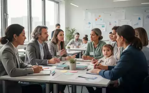 Erwachsene Pädagogen und Erzieher nehmen an einer Fortbildung teil, diskutieren und machen Notizen in einem hellen Klassenzimmer. - Foto: über boerse-global.de