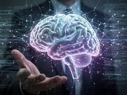 Ein abstraktes, leuchtendes neuronales Netzwerk, das teilweise von digitalen Datenströmen verdeckt wird, mit einer subtilen Hand, die Kontrolle andeutet. - Foto: über boerse-global.de