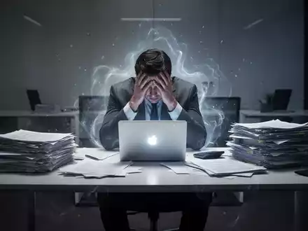 Eine erschöpfte Person sitzt mit dem Kopf in den Händen an einem überladenen Schreibtisch in einem dunklen Büro, umgeben von Dokumenten. - Foto: über boerse-global.de