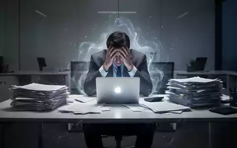 Eine erschöpfte Person sitzt mit dem Kopf in den Händen an einem überladenen Schreibtisch in einem dunklen Büro, umgeben von Dokumenten. - Foto: über boerse-global.de