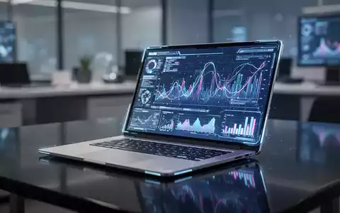 Ein schlankes, futuristisches silbernes Laptop mit einem interaktiven Touchscreen, der dynamische Datenvisualisierungen zeigt. - Foto: über boerse-global.de