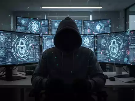 Verschattete Gestalt in Kapuzenjacke vor leuchtenden Bildschirmen mit digitalen Sicherheitsbedrohungen, Symbol für Cyberkriminalität. - Foto: über boerse-global.de