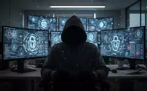Verschattete Gestalt in Kapuzenjacke vor leuchtenden Bildschirmen mit digitalen Sicherheitsbedrohungen, Symbol für Cyberkriminalität. - Foto: über boerse-global.de