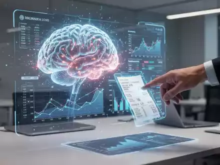 Glühendes KI-Gehirn auf digitalem Finanzbericht mit Diagrammen, Hand greift nach holografischer Quittung. - Foto: über boerse-global.de