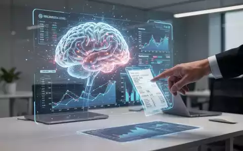 Glühendes KI-Gehirn auf digitalem Finanzbericht mit Diagrammen, Hand greift nach holografischer Quittung. - Foto: über boerse-global.de