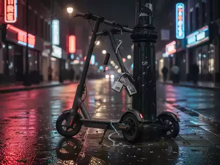Ein verlassener E-Scooter bei Nacht auf einer nassen Straße, ein aufgebrochenes Schloss liegt daneben. Symbolisiert Diebstahl. - Foto: über boerse-global.de