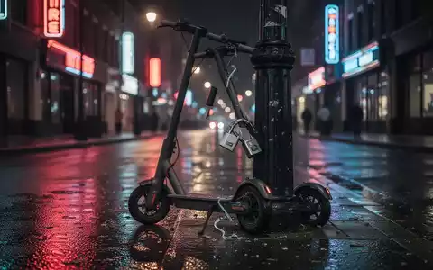 Ein verlassener E-Scooter bei Nacht auf einer nassen Straße, ein aufgebrochenes Schloss liegt daneben. Symbolisiert Diebstahl. - Foto: über boerse-global.de