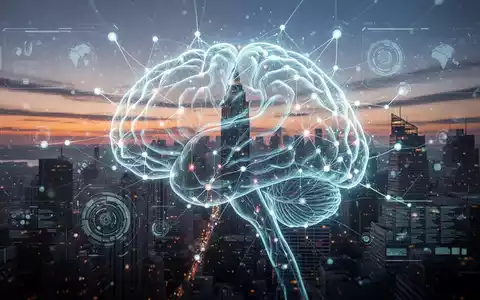 Glühendes, futuristisches KI-Neuronennetz-Gehirn über einer Stadtsilhouette in der Dämmerung, Symbol für fortgeschrittene KI-Integration. - Foto: über boerse-global.de