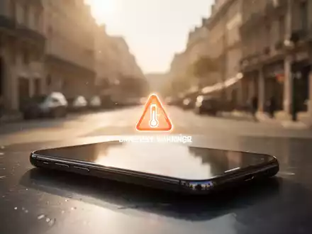Ein Smartphone zeigt eine Hitzewarnung auf dem Display, im Hintergrund verschwommen eine sonnige Stadtstraße mit Hitzeflimmern. - Foto: über boerse-global.de