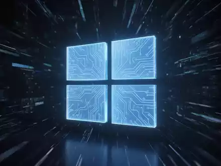 Stilisiertes Windows 11-Logo, leuchtend blau, mit integrierten Schaltkreismustern, vor dunklem, abstraktem digitalem Hintergrund. - Foto: über boerse-global.de