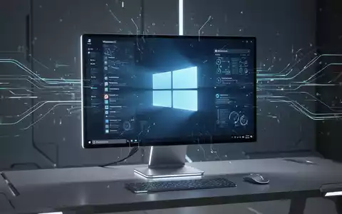 Moderner Computerbildschirm mit leuchtendem Windows-Logo und digitalen Oberflächenelementen, die Systemleistung und Updates symbolisieren. - Foto: über boerse-global.de