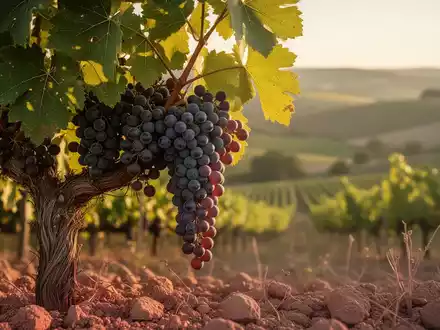 Nahaufnahme einer Weinrebe mit reifen Trauben, beleuchtet von der goldenen Stunde, im Hintergrund verschwommene Weinberge. - Foto: über boerse-global.de
