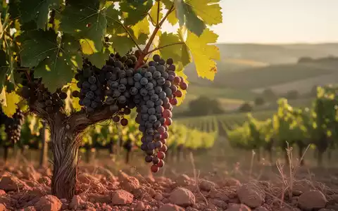 Nahaufnahme einer Weinrebe mit reifen Trauben, beleuchtet von der goldenen Stunde, im Hintergrund verschwommene Weinberge. - Foto: über boerse-global.de