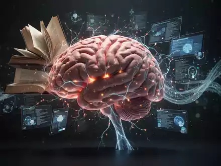 Ein stilisiertes Gehirn mit leuchtenden neuronalen Verbindungen, überlagert mit Büchern, Bildschirmen und Datenflüssen. - Foto: über boerse-global.de