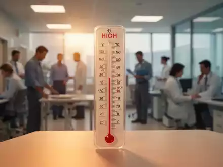 Ein Thermometer zeigt hohe Temperaturen in einem Büro oder Krankenhaus, mit unscharfen Personen im Hintergrund. - Foto: über boerse-global.de