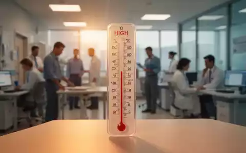 Ein Thermometer zeigt hohe Temperaturen in einem Büro oder Krankenhaus, mit unscharfen Personen im Hintergrund. - Foto: über boerse-global.de