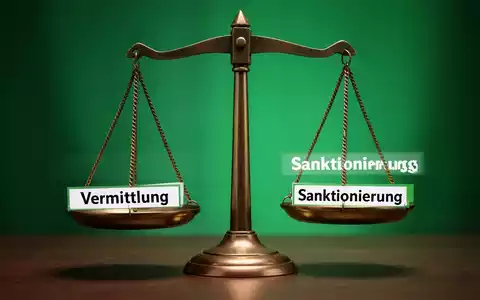 Eine Waage mit zwei Schalen, eine für 'Vermittlung' und eine für 'Sanktionierung', symbolisiert getrennte Prozesse in der Konfliktlösung. - Foto: über boerse-global.de