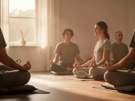 Eine ruhige Meditationsszene mit verschwommenen Personen, die in einem minimalistischen Raum auf Kissen sitzen, weiches Licht fällt durch ein Fenster. - Foto: über boerse-global.de