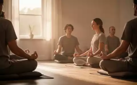 Eine ruhige Meditationsszene mit verschwommenen Personen, die in einem minimalistischen Raum auf Kissen sitzen, weiches Licht fällt durch ein Fenster. - Foto: über boerse-global.de