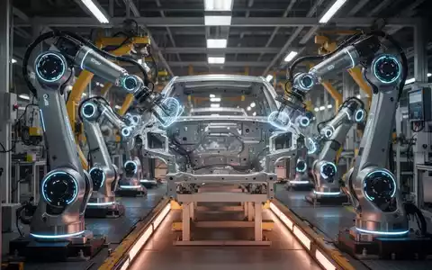 Humanoide Roboter arbeiten an einer Automobilmontagelinie und zeigen fortschrittliche Automatisierung in einer modernen Fabrikumgebung. - Foto: über boerse-global.de