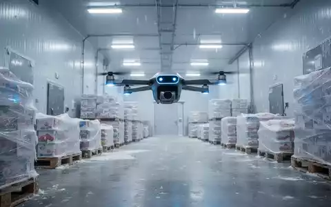 Fortschrittliche autonome Drohne fliegt durch gefrorenes Industrielager und scannt Paletten mit Tiefkühlwaren. - Foto: über boerse-global.de