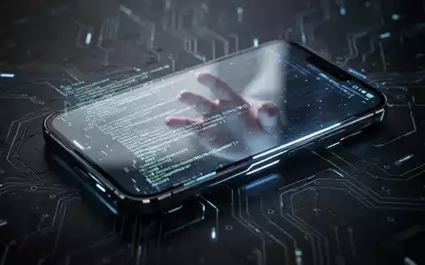 Schlankes, futuristisches Smartphone mit leuchtendem Bildschirm, der Code zeigt und eine Hand reflektiert, vor dunklem Tech-Hintergrund. - Foto: über boerse-global.de