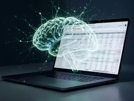 Abstraktes KI-Neuronales Netzwerk über einem Laptop-Bildschirm mit Finanzdaten, symbolisiert Microsoft Copilots erweiterte Finanzfähigkeiten. - Foto: über boerse-global.de