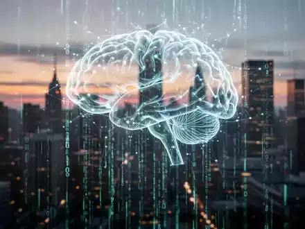 Leuchtendes neuronales Netz-Gehirn über verschwommener Finanzbezirk-Skyline, Symbol für KI-Einfluss auf Finanzen und Jobs. - Foto: über boerse-global.de