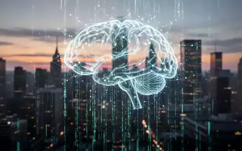 Leuchtendes neuronales Netz-Gehirn über verschwommener Finanzbezirk-Skyline, Symbol für KI-Einfluss auf Finanzen und Jobs. - Foto: über boerse-global.de