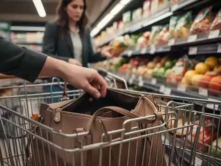 Eine Hand greift diskret in eine offene Handtasche in einem Einkaufswagen, während die Besitzerin abgelenkt ist. - Foto: über boerse-global.de