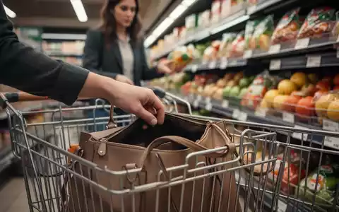 Eine Hand greift diskret in eine offene Handtasche in einem Einkaufswagen, während die Besitzerin abgelenkt ist. - Foto: über boerse-global.de