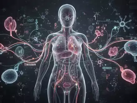 Abstrakte Darstellung metabolischer Prozesse im weiblichen Körper, mit leuchtenden Linien, die Insulin- und Hormonpfade symbolisieren. - Foto: über boerse-global.de