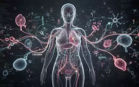 Abstrakte Darstellung metabolischer Prozesse im weiblichen Körper, mit leuchtenden Linien, die Insulin- und Hormonpfade symbolisieren. - Foto: über boerse-global.de