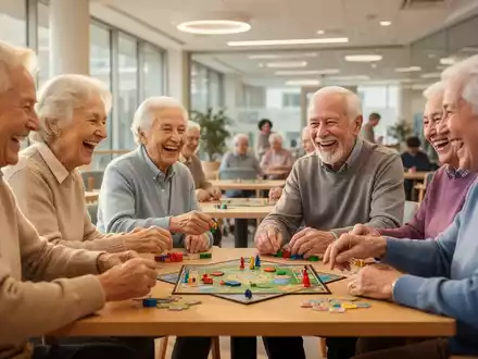 Senioren spielen lachend und konzentriert Gesellschaftsspiele an einem Tisch in einem hellen, modernen Nachbarschaftszentrum. - Foto: über boerse-global.de