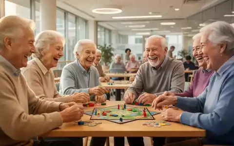 Senioren spielen lachend und konzentriert Gesellschaftsspiele an einem Tisch in einem hellen, modernen Nachbarschaftszentrum. - Foto: über boerse-global.de