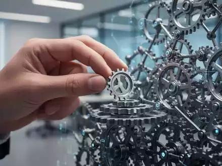 Eine Hand setzt ein kleines Zahnrad in einen komplexen Mechanismus ein, der Compliance und regulatorische Strukturen symbolisiert. - Foto: über boerse-global.de